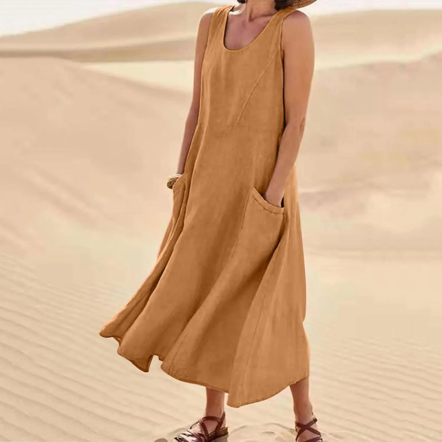 Women Cotton Linen Dresses 2024 Boho Casual Summer Maxi Dress Sleeveless Long Sundress Trendy Beach Vacation Clothing