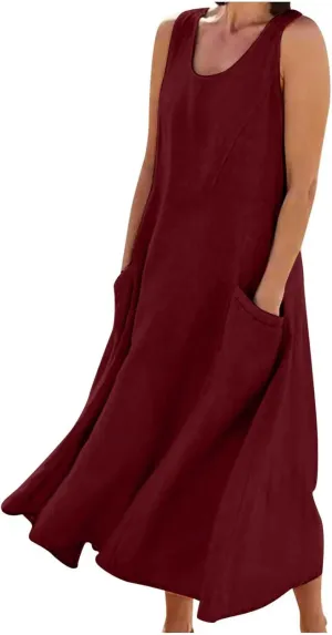 Women Cotton Linen Dresses 2024 Boho Casual Summer Maxi Dress Sleeveless Long Sundress Trendy Beach Vacation Clothing