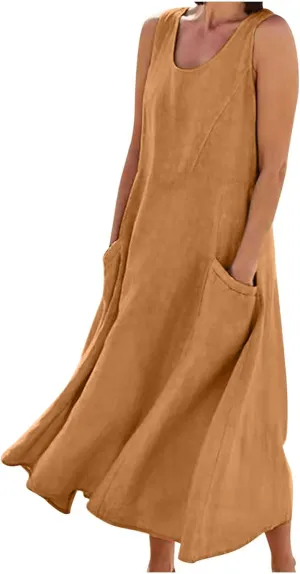 Women Cotton Linen Dresses 2024 Boho Casual Summer Maxi Dress Sleeveless Long Sundress Trendy Beach Vacation Clothing