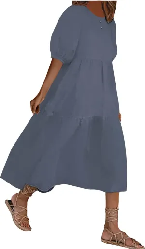 Women Cotton Linen Dresses Lantern Short Sleeve Crew Neck Long Dress Ruffle Flowy Tiered A Line Sundress Plus Size