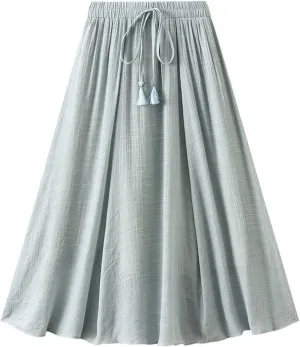 Women Cotton Linen Skirt Solid Elastic Waisted Pleated Long Skirt Summer Casual Flowy Beach Holiday Bohemian Skirts