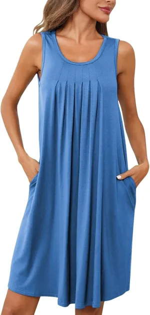 Women Crew Neck Dress Short Sleeve T Shirt Dress Comfy Casual Buckle Midi Dress Loose Solid Color Basic Dresses with Pockets