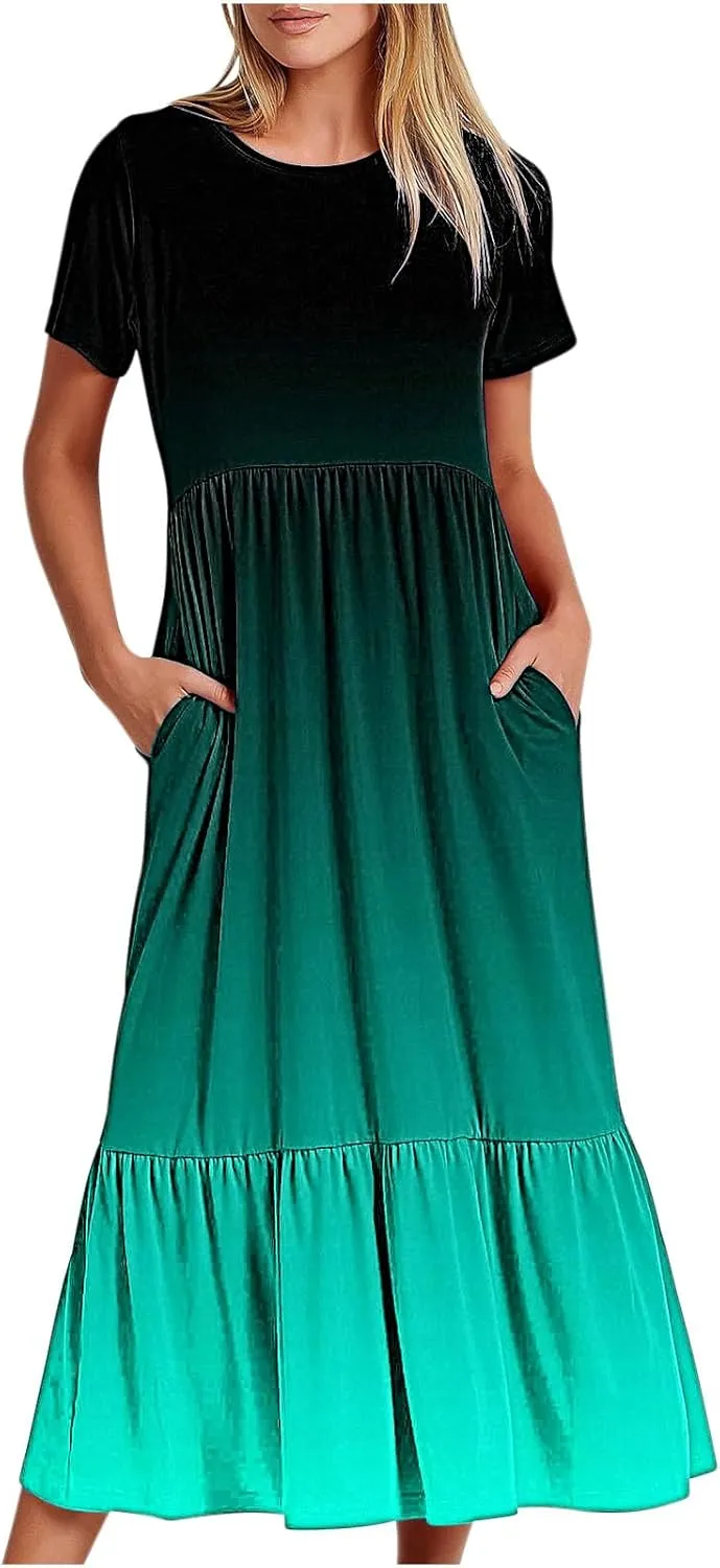 Women Crewneck Maxi Dress Trendy Summer Short Sleeve Long Dresses Casual Tiered Ruffle Mid Calf Sundress