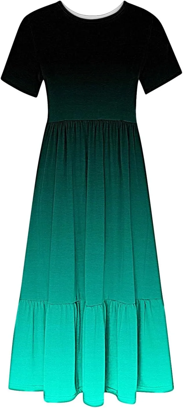 Women Crewneck Maxi Dress Trendy Summer Short Sleeve Long Dresses Casual Tiered Ruffle Mid Calf Sundress