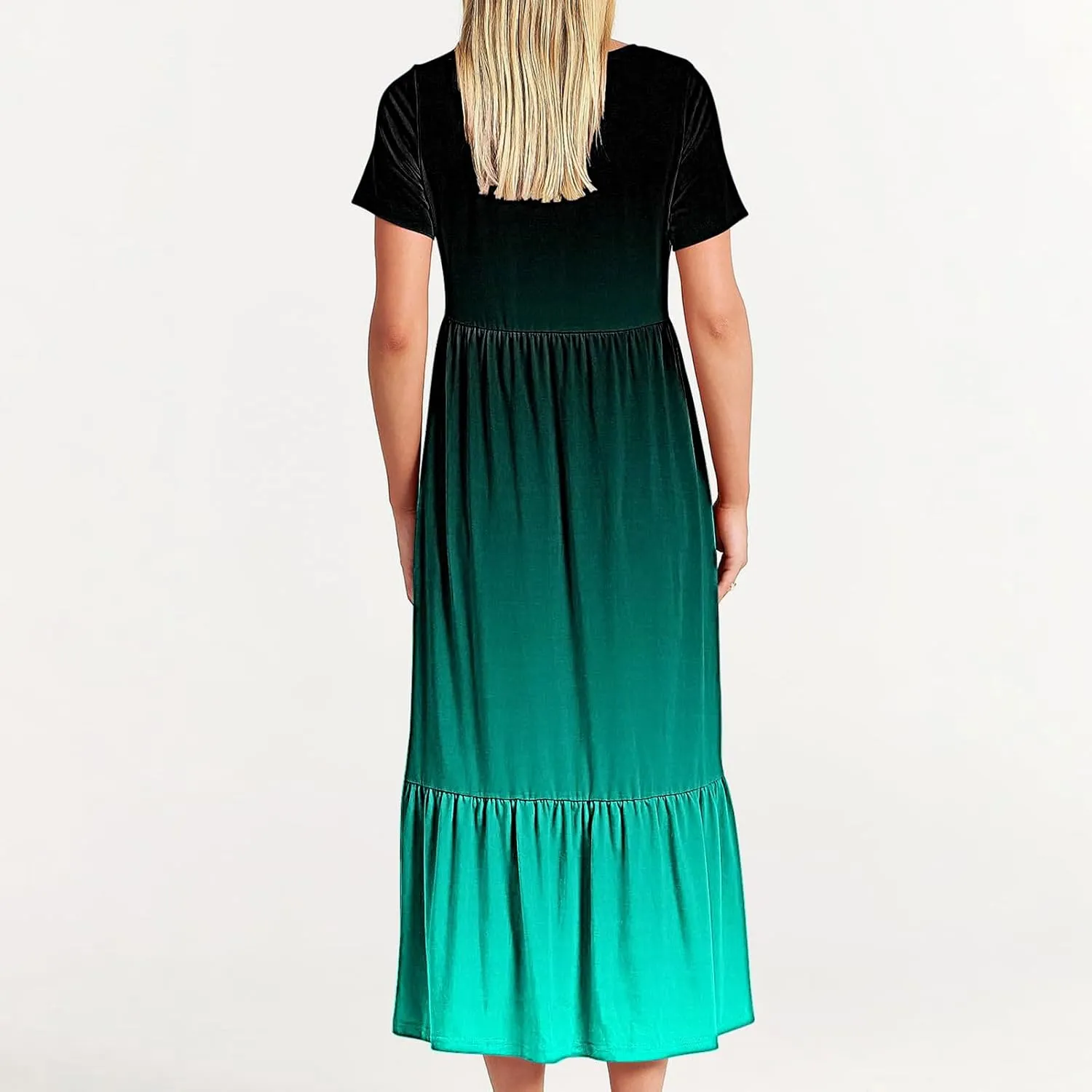 Women Crewneck Maxi Dress Trendy Summer Short Sleeve Long Dresses Casual Tiered Ruffle Mid Calf Sundress