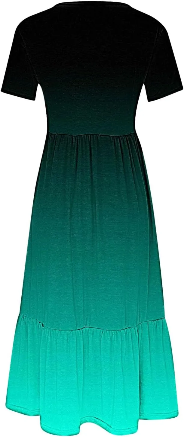 Women Crewneck Maxi Dress Trendy Summer Short Sleeve Long Dresses Casual Tiered Ruffle Mid Calf Sundress