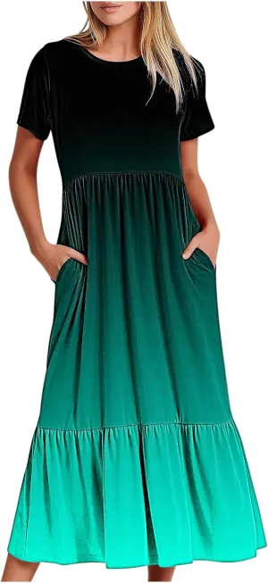 Women Crewneck Maxi Dress Trendy Summer Short Sleeve Long Dresses Casual Tiered Ruffle Mid Calf Sundress