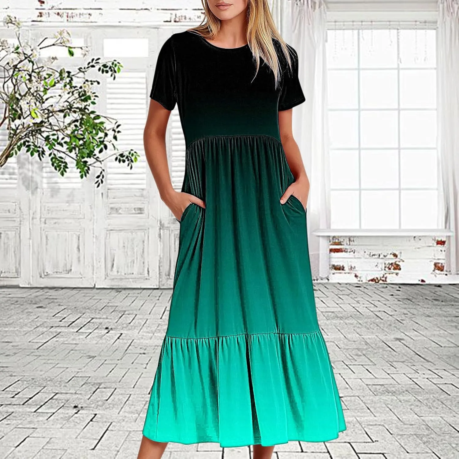 Women Crewneck Maxi Dress Trendy Summer Short Sleeve Long Dresses Casual Tiered Ruffle Mid Calf Sundress