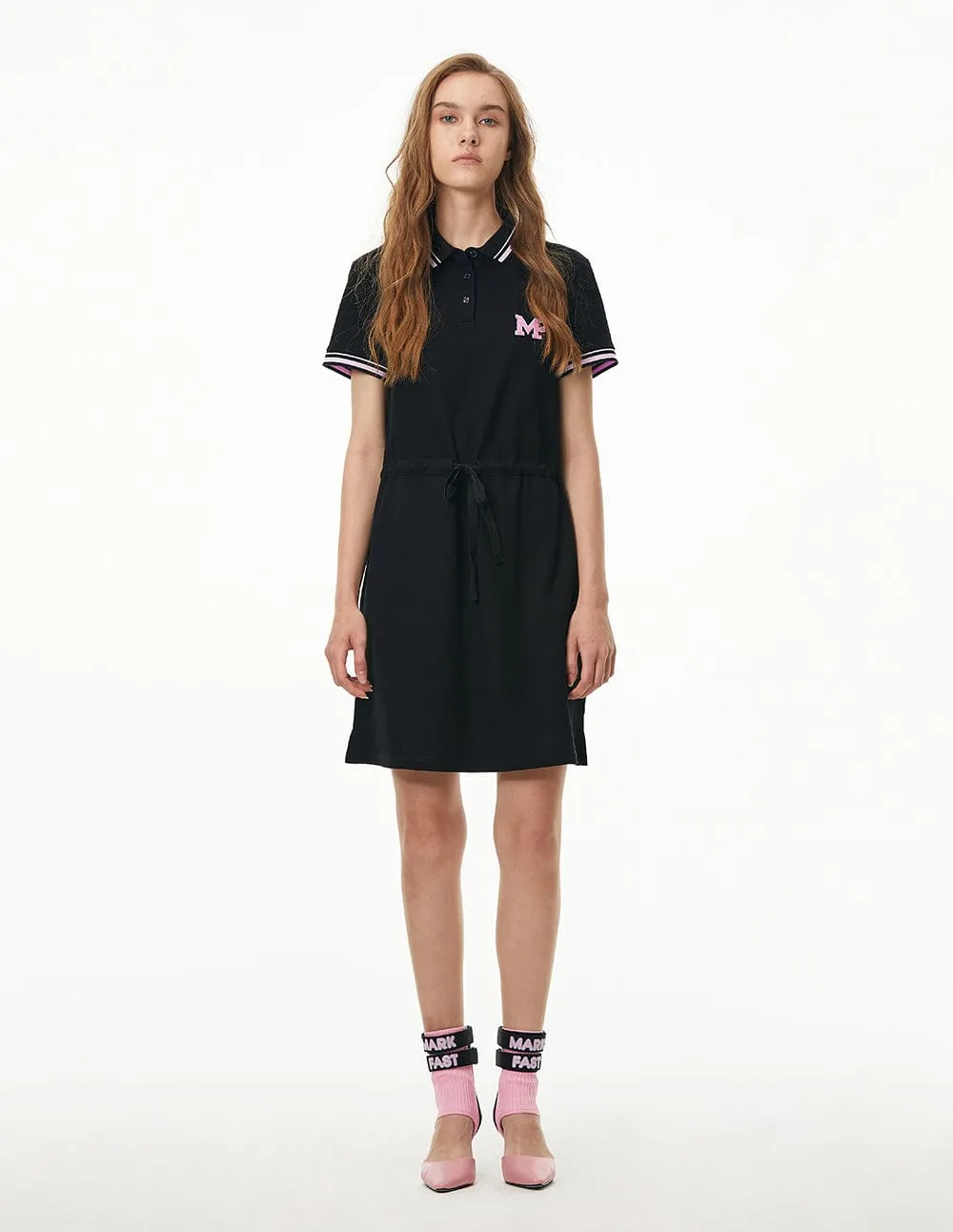 Women Embroidered Badge Casual Polo Dress With Elastic Waist