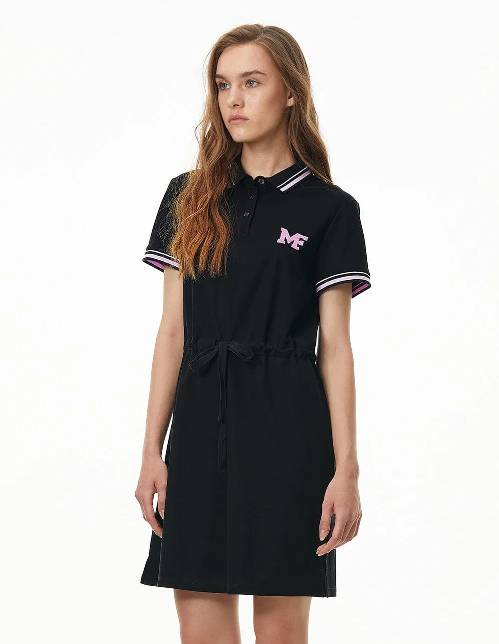 Women Embroidered Badge Casual Polo Dress With Elastic Waist