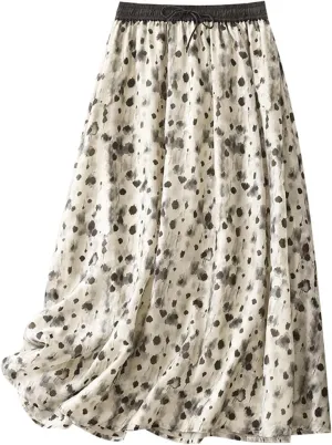 Women Ethnic Style Midi Skirt Summer Lightweight Drawstring Elastic Waist A-Line Skirts Casual Flowy Beach Skirt