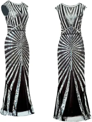 Women Evening Maxi Long Dress 1920s Sequin Mermaid Hem Wedding Prom Gown Vintage Lace Fringed Gatsby Cocktail Dress