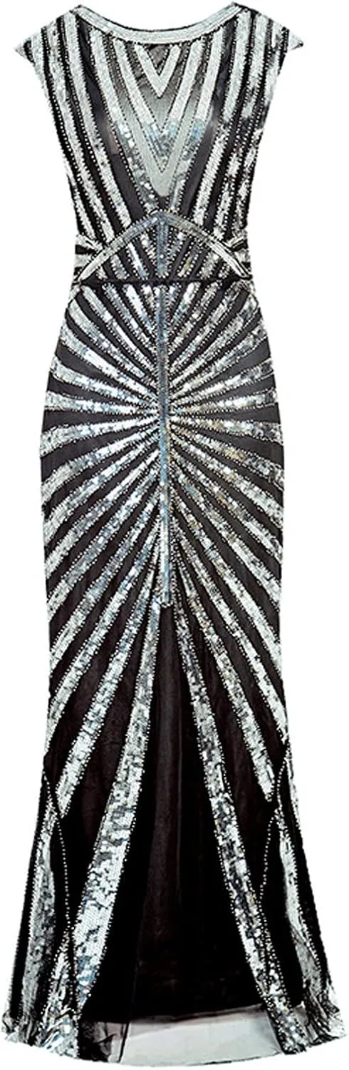 Women Evening Maxi Long Dress 1920s Sequin Mermaid Hem Wedding Prom Gown Vintage Lace Fringed Gatsby Cocktail Dress
