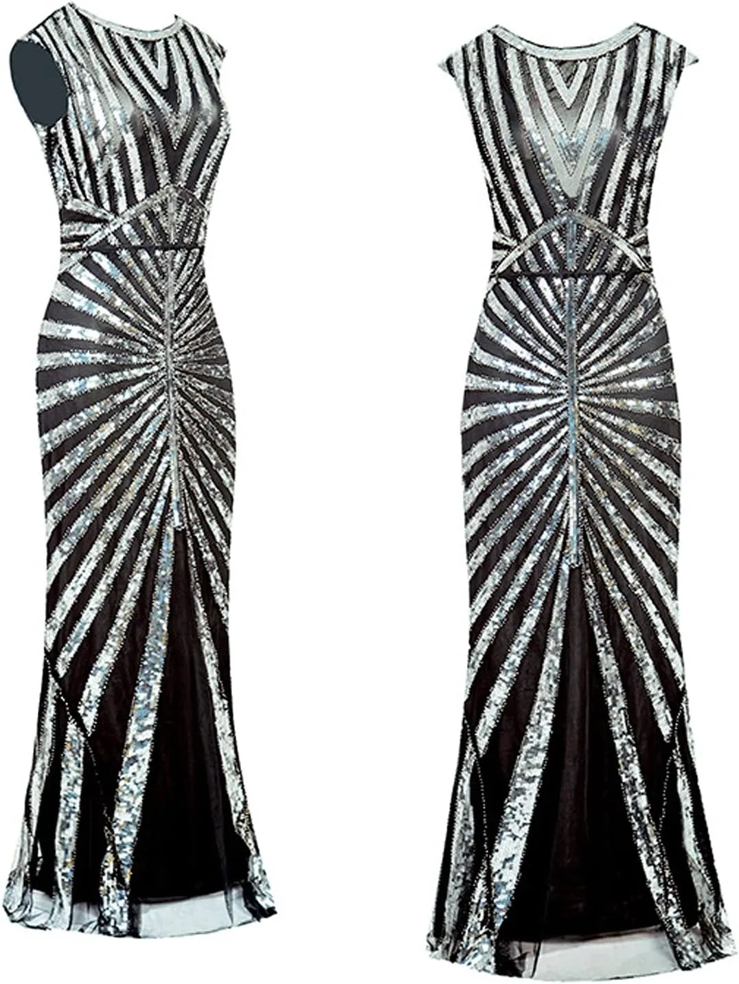 Women Evening Maxi Long Dress 1920s Sequin Mermaid Hem Wedding Prom Gown Vintage Lace Fringed Gatsby Cocktail Dress