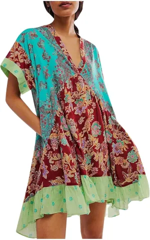 Women Floral Boho Summer Dresses Deep V Neck Short Sleeve Mini Beach Dress Ruffle Flowy Babydoll Short Sun Dress