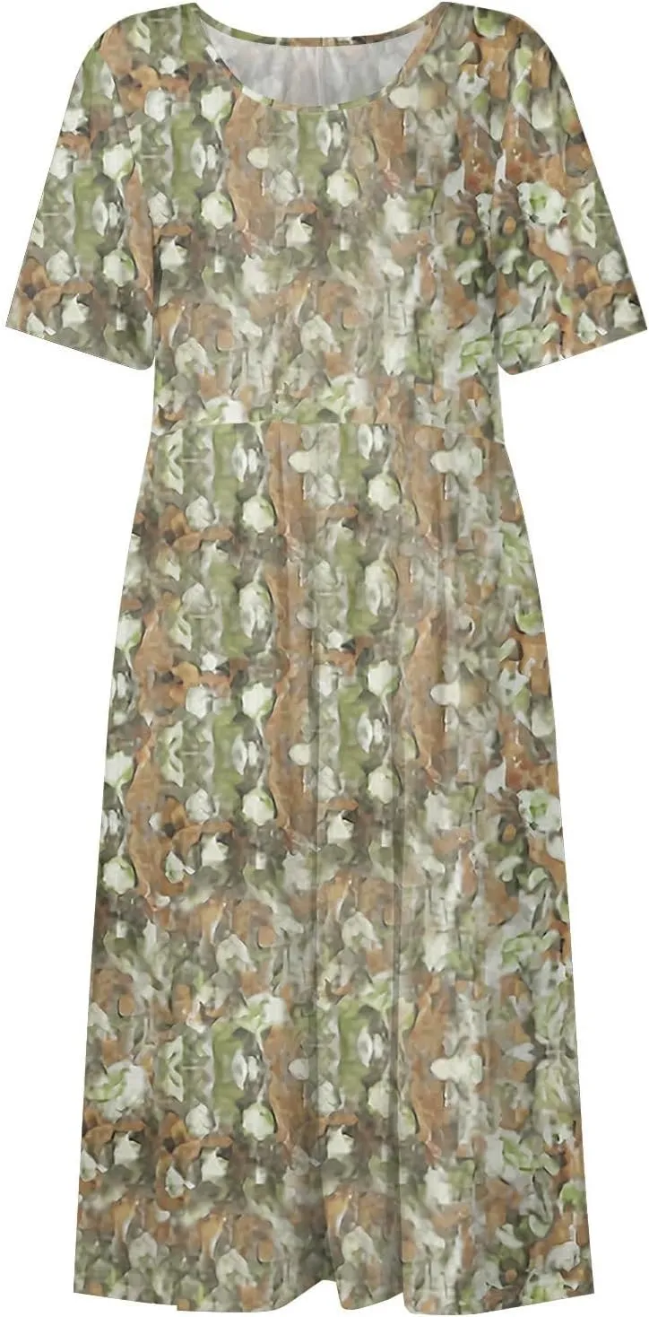Women Floral Dress 2025 Summer Round Neck Short Sleeve Midi Dress Cute Printed Below The Length Dresses with Pockets