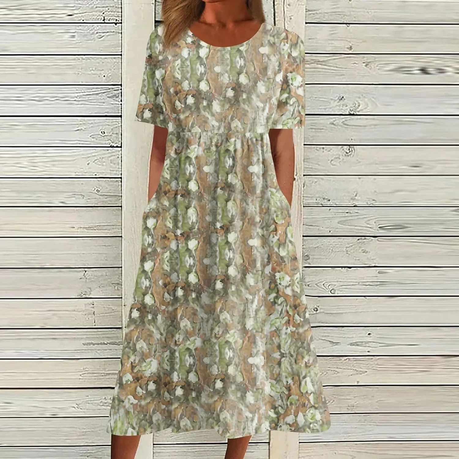 Women Floral Dress 2025 Summer Round Neck Short Sleeve Midi Dress Cute Printed Below The Length Dresses with Pockets
