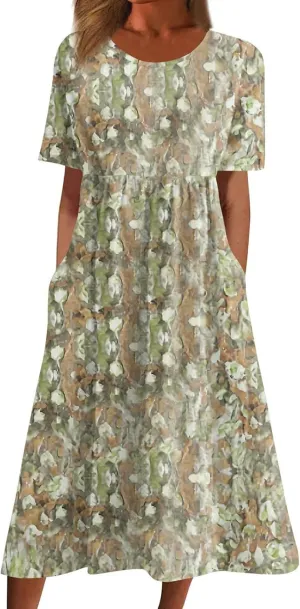 Women Floral Dress 2025 Summer Round Neck Short Sleeve Midi Dress Cute Printed Below The Length Dresses with Pockets