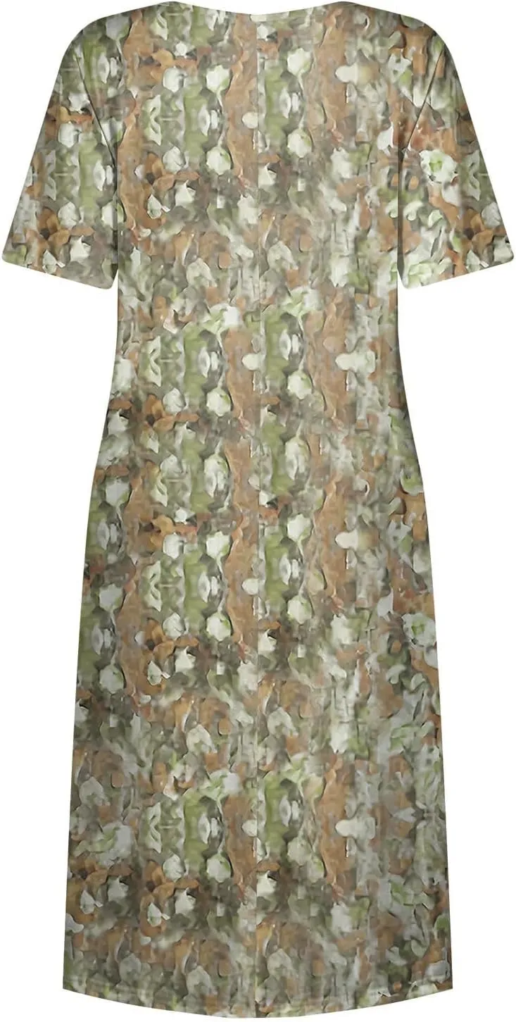 Women Floral Dress 2025 Summer Round Neck Short Sleeve Midi Dress Cute Printed Below The Length Dresses with Pockets
