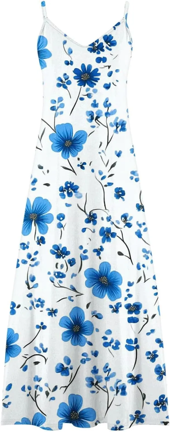 Women Floral Print Spaghetti Strap Sundress Casual Summer Long Maxi Dress V-Neck Boho Dresses Trendy Beach Clothes