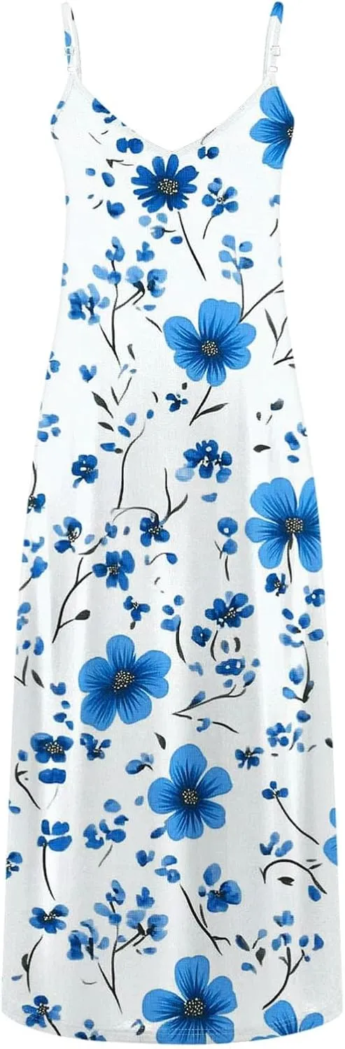 Women Floral Print Spaghetti Strap Sundress Casual Summer Long Maxi Dress V-Neck Boho Dresses Trendy Beach Clothes