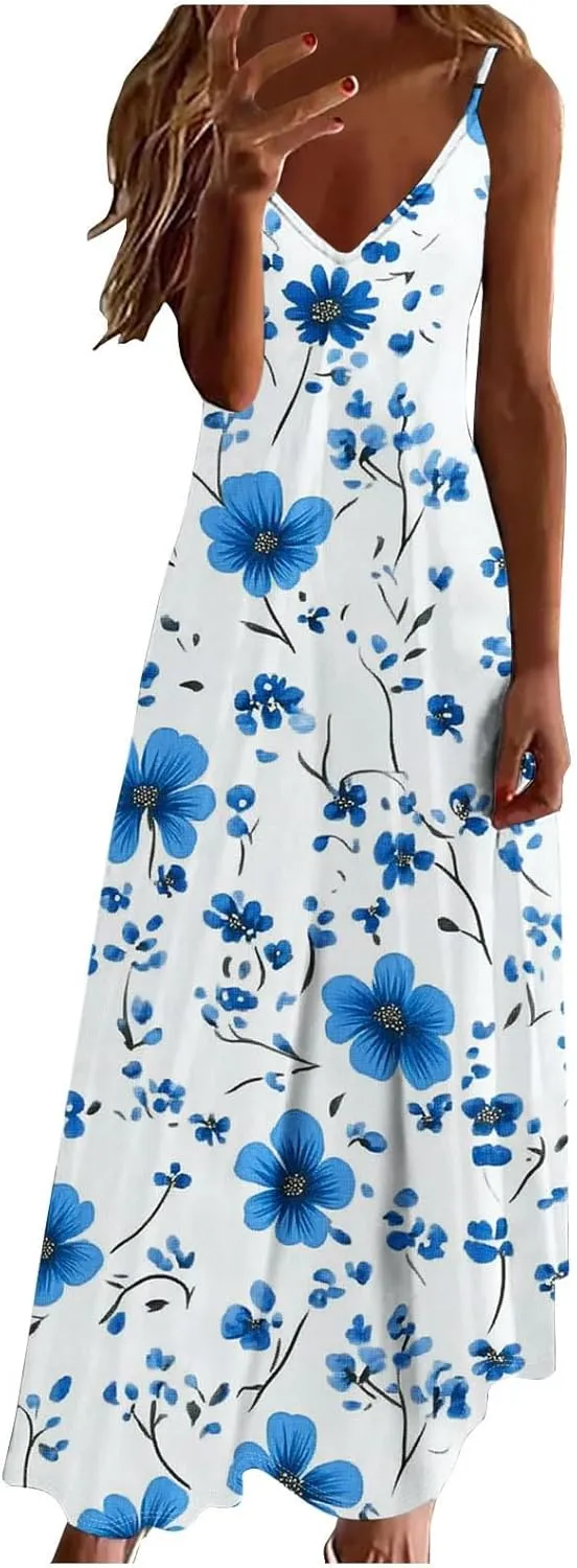 Women Floral Print Spaghetti Strap Sundress Casual Summer Long Maxi Dress V-Neck Boho Dresses Trendy Beach Clothes