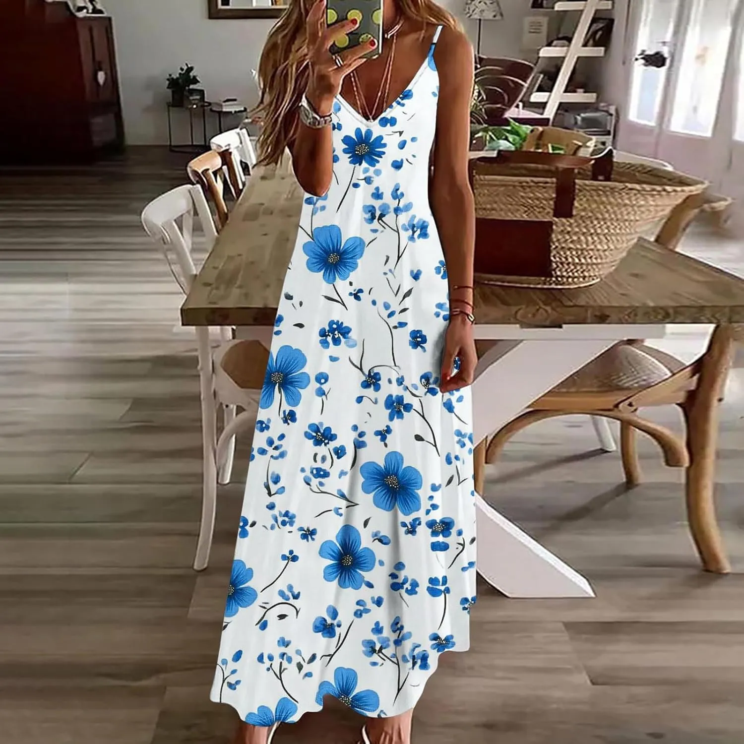 Women Floral Print Spaghetti Strap Sundress Casual Summer Long Maxi Dress V-Neck Boho Dresses Trendy Beach Clothes