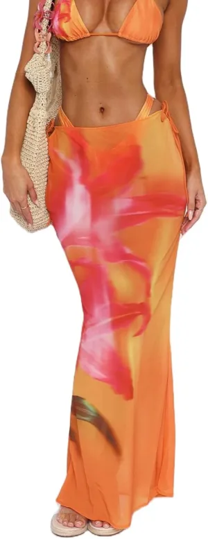 Women Floral Sheer Mesh Midi Skirt See Through High Waist Bodycon Long Skirt Boho Cover Up Summer Beach Skirts