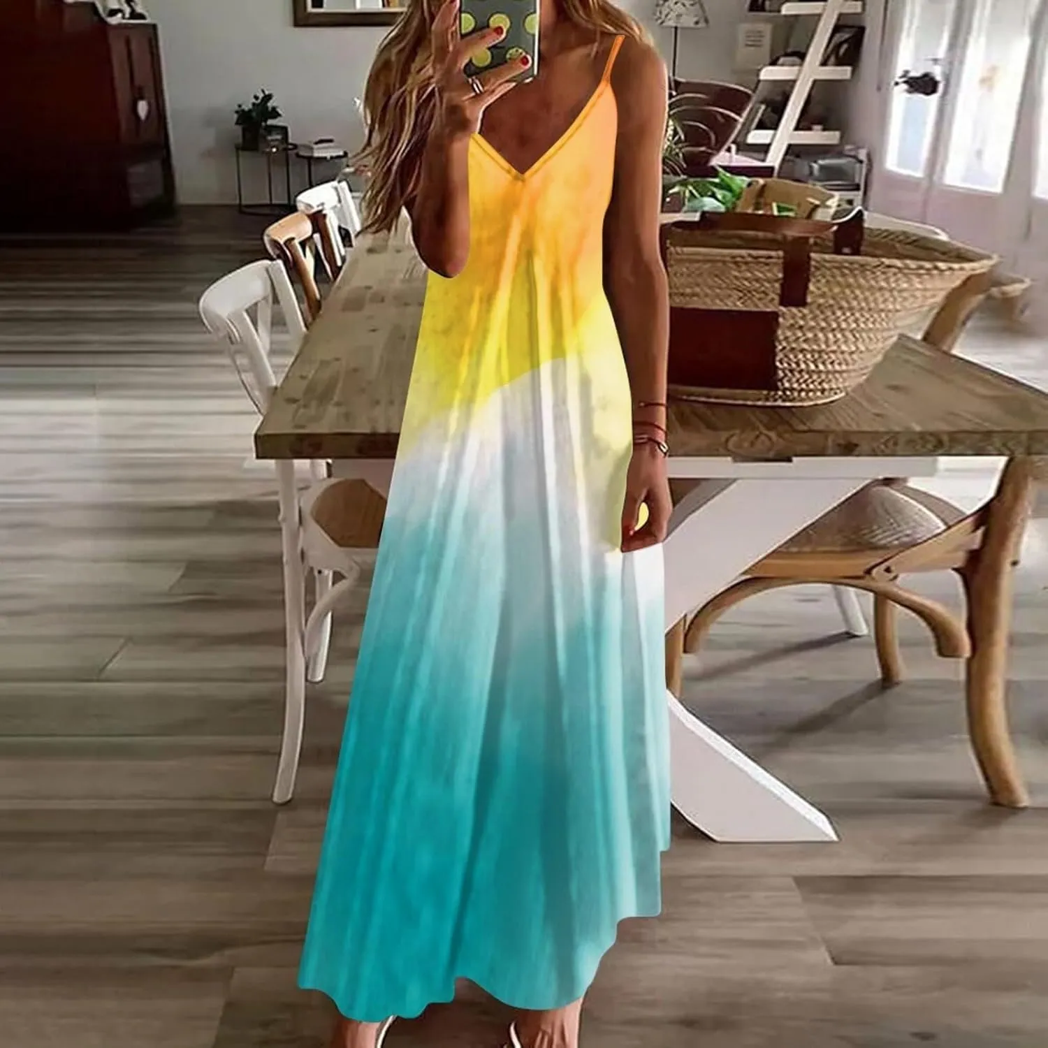 Women Floral Spaghetti Strap Sundress 2025 Spring Summer Spaghetti Straps V-Neck Plus Size Loose Casual Maxi Dress