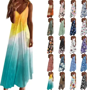 Women Floral Spaghetti Strap Sundress 2025 Spring Summer Spaghetti Straps V-Neck Plus Size Loose Casual Maxi Dress