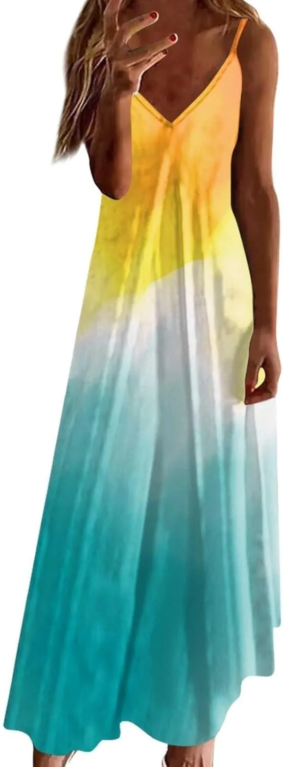 Women Floral Spaghetti Strap Sundress 2025 Spring Summer Spaghetti Straps V-Neck Plus Size Loose Casual Maxi Dress