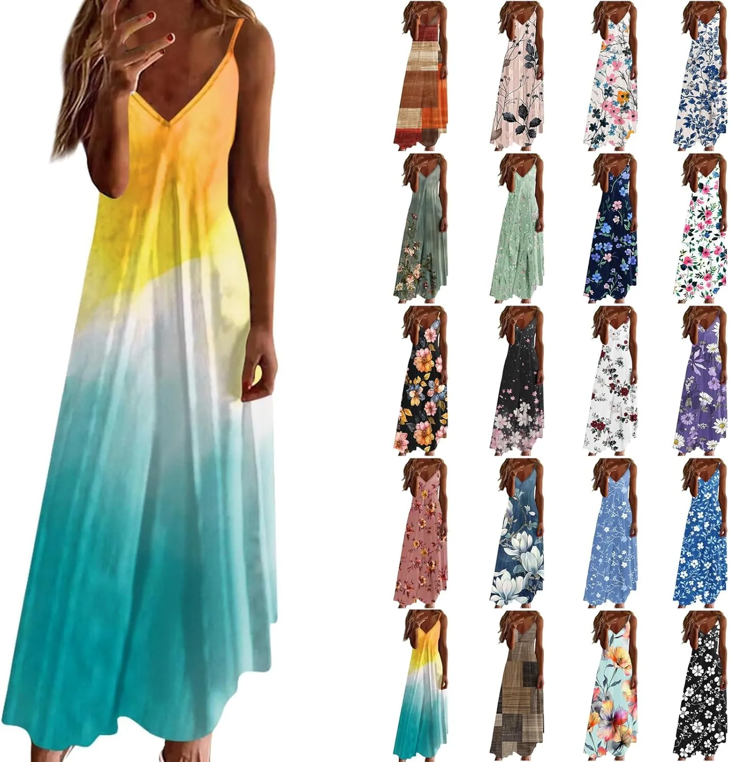 Women Floral Spaghetti Strap Sundress 2025 Spring Summer Spaghetti Straps V-Neck Plus Size Loose Casual Maxi Dress