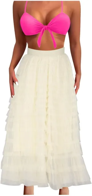 Women Flowy Maxi Skirts High Waist Elastic Multilayer Tulle Pleated Fairy Tiered Layered Ruffle Long Cake Skirt