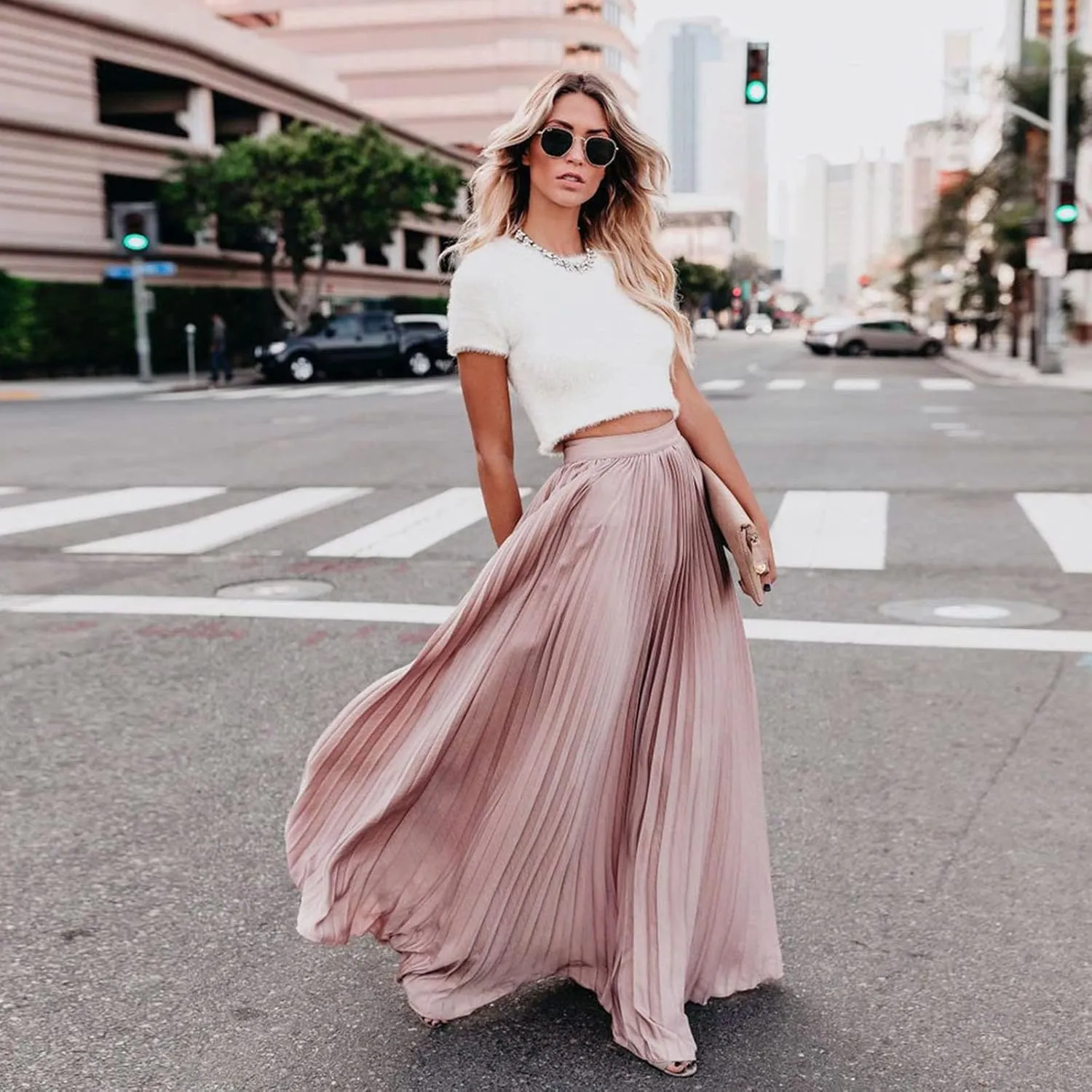 Women High Elastic Waist Pleated Skirt Maxi Swing A-line Skirts Summer Boho Long Beach Flowy Skirt Dress 2024 New