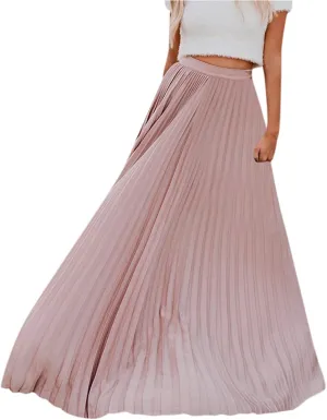 Women High Elastic Waist Pleated Skirt Maxi Swing A-line Skirts Summer Boho Long Beach Flowy Skirt Dress 2024 New