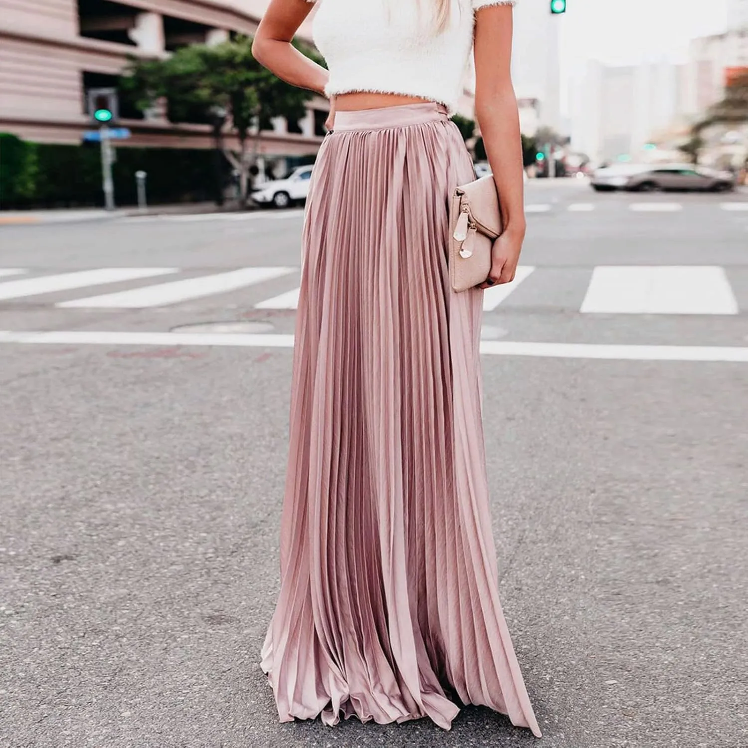 Women High Elastic Waist Pleated Skirt Maxi Swing A-line Skirts Summer Boho Long Beach Flowy Skirt Dress 2024 New