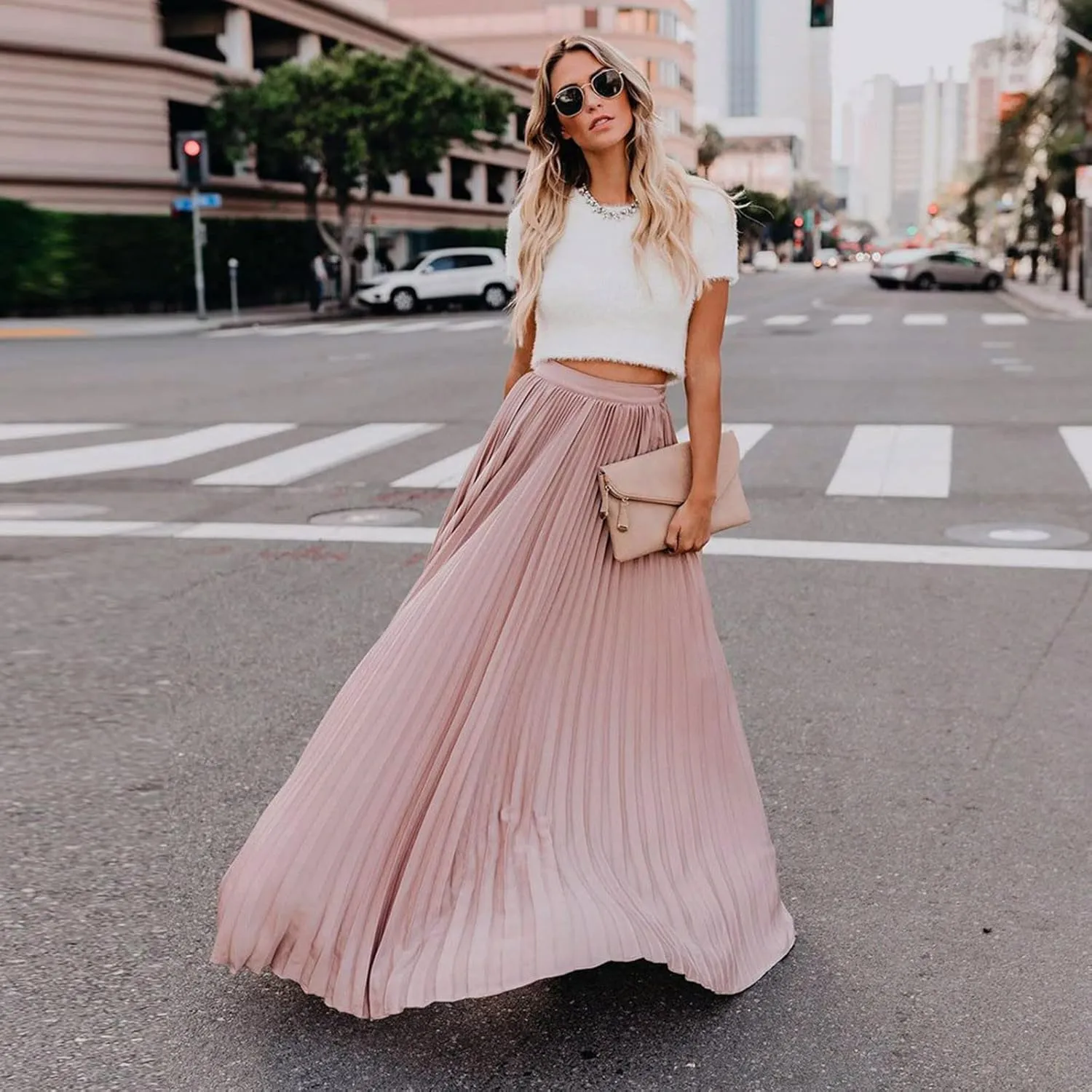 Women High Elastic Waist Pleated Skirt Maxi Swing A-line Skirts Summer Boho Long Beach Flowy Skirt Dress 2024 New