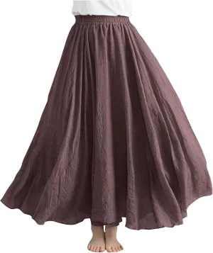 Women Lightweight Boho Maxi Skirts Flowy Beach Long Skirt Elastic Waist Pleated Swing Bohemian Skirts 2025 New Brown