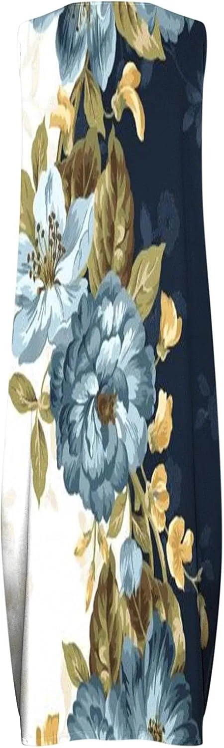 Women Loose Flowy Long Dresses Casual Printed Tank Dress Beach V-Neck Pocket Sundress Sleeveless Floor Length Dress