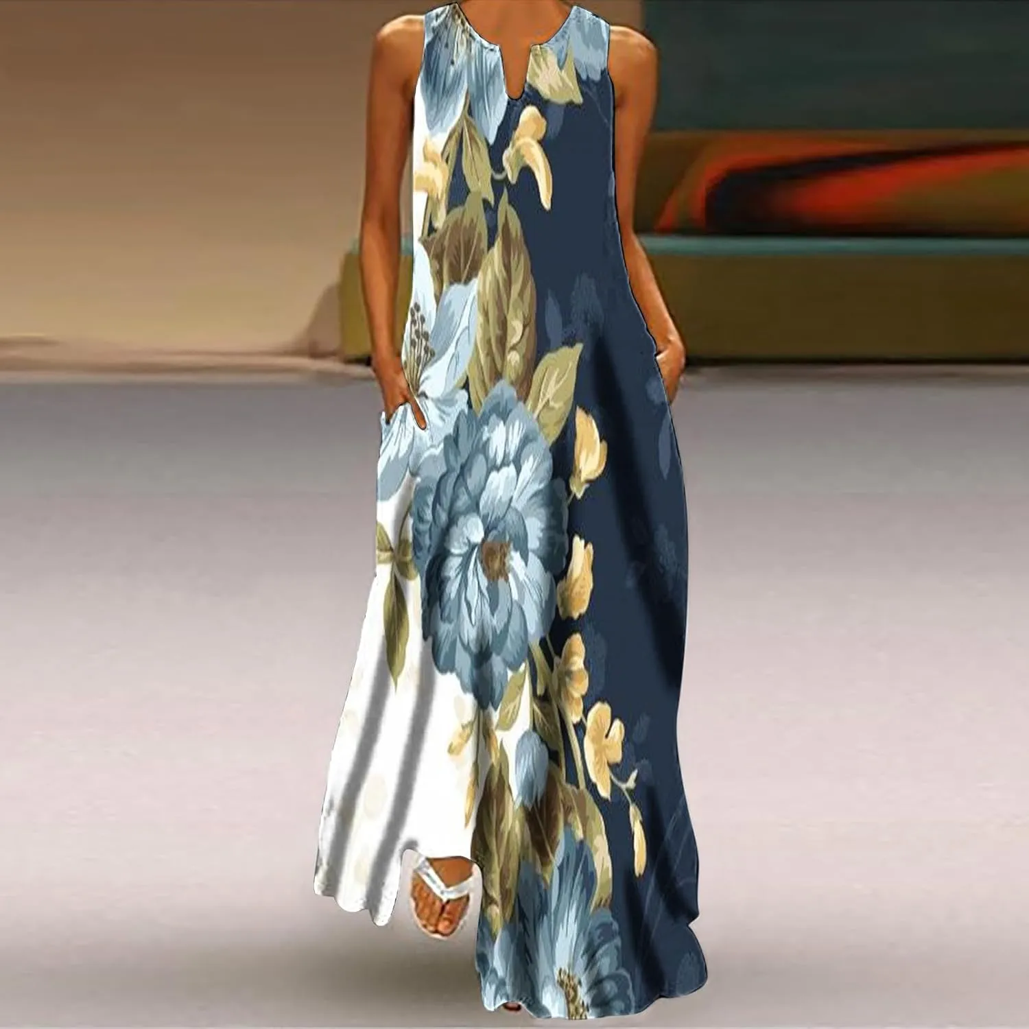 Women Loose Flowy Long Dresses Casual Printed Tank Dress Beach V-Neck Pocket Sundress Sleeveless Floor Length Dress