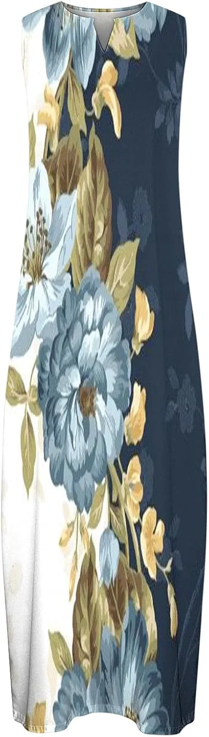 Women Loose Flowy Long Dresses Casual Printed Tank Dress Beach V-Neck Pocket Sundress Sleeveless Floor Length Dress