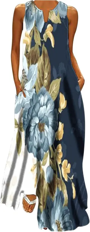 Women Loose Flowy Long Dresses Casual Printed Tank Dress Beach V-Neck Pocket Sundress Sleeveless Floor Length Dress