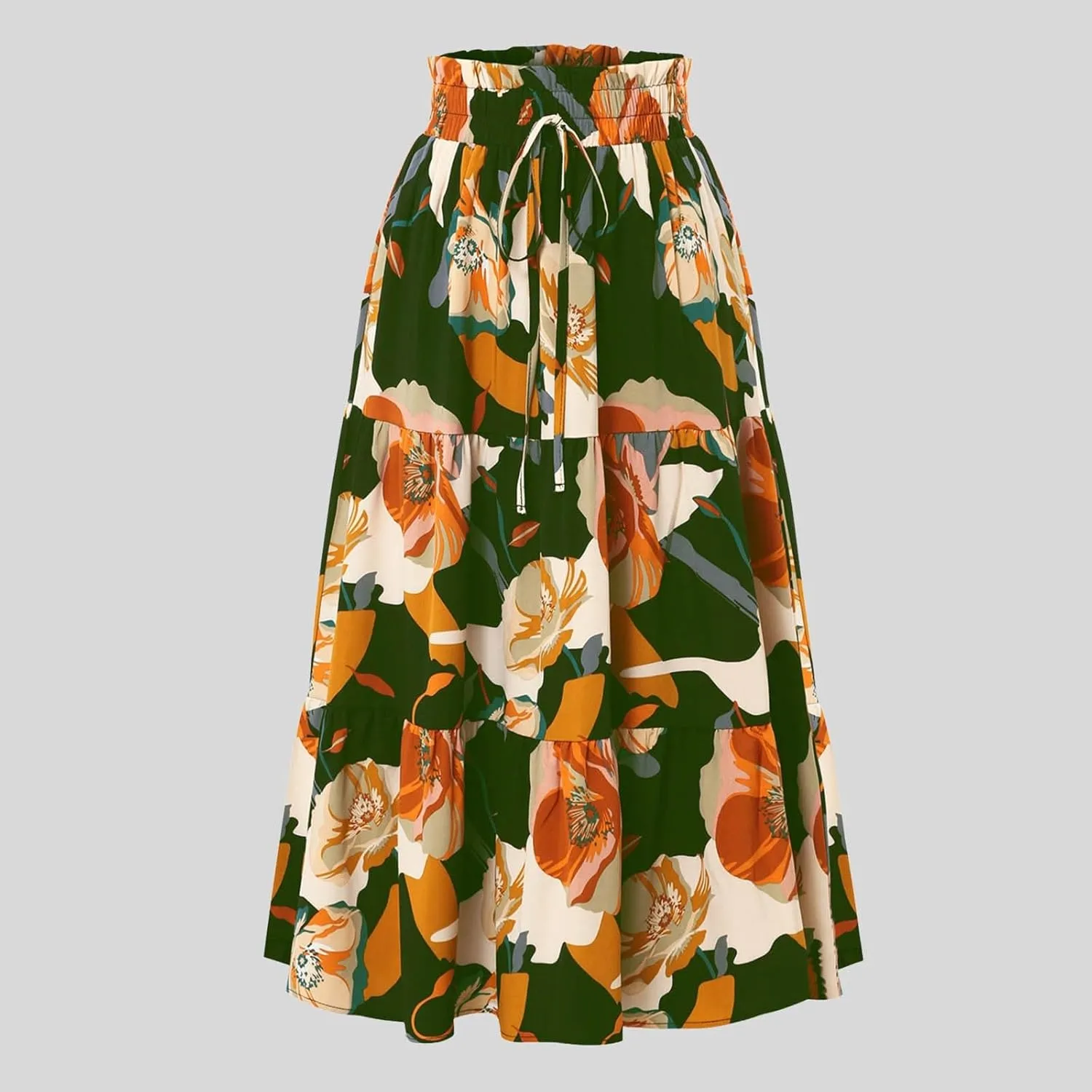 Women Maxi Skirt Floral Tiered Pleated Skirt Flowy Swing High Waisted Go Outing Clothes