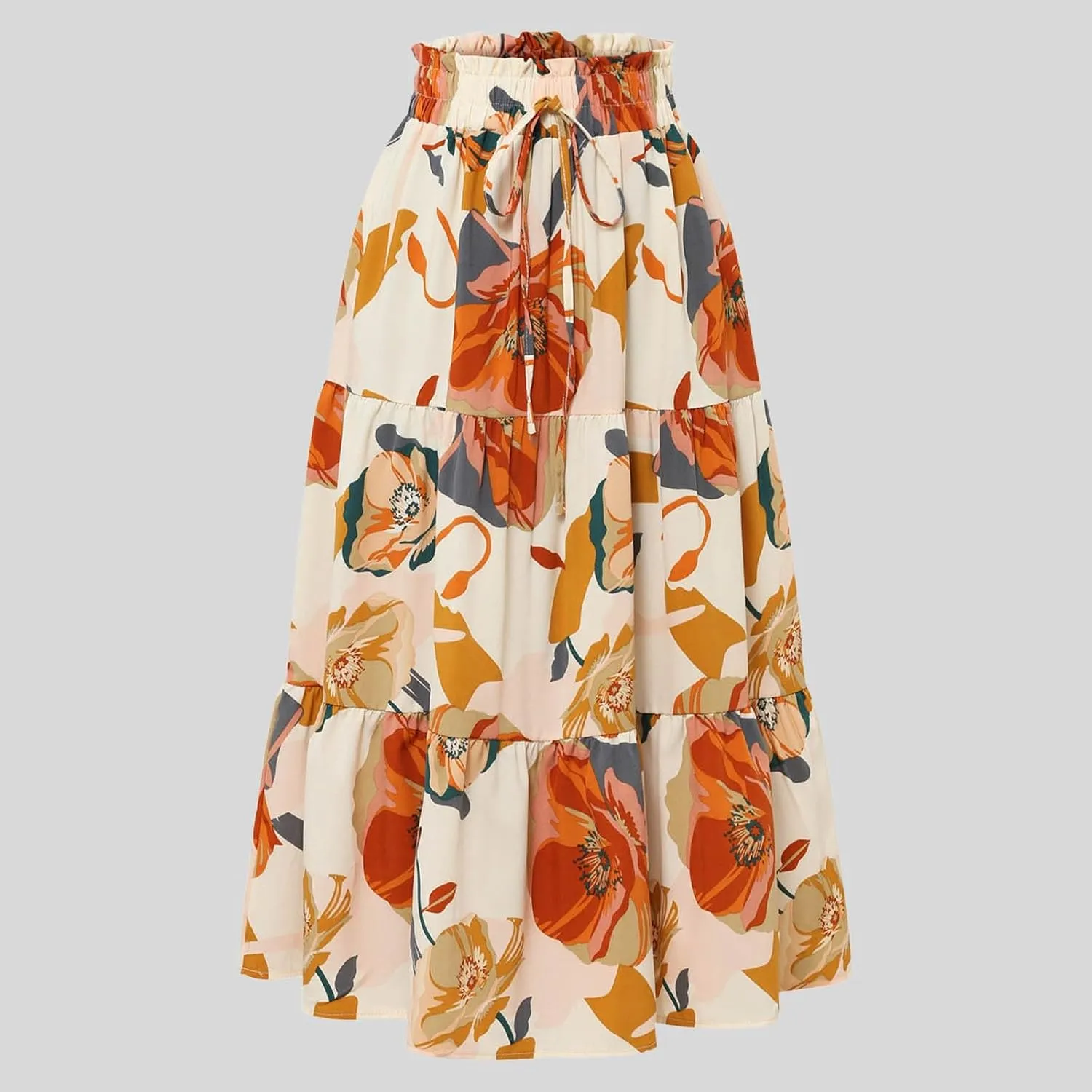 Women Maxi Skirt Floral Tiered Pleated Skirt Flowy Swing High Waisted Go Outing Clothes