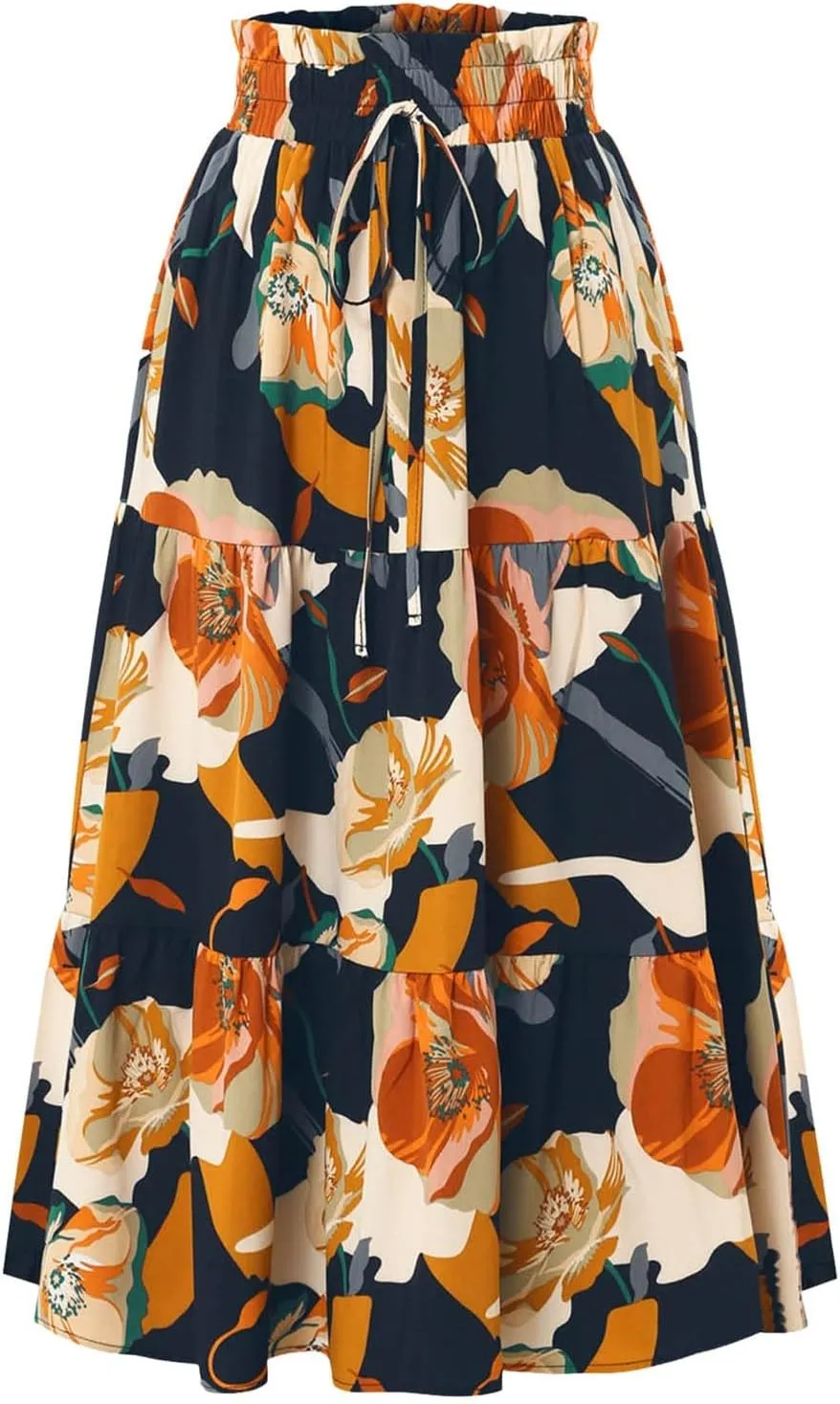 Women Maxi Skirt Floral Tiered Pleated Skirt Flowy Swing High Waisted Go Outing Clothes