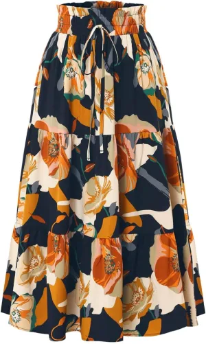 Women Maxi Skirt Floral Tiered Pleated Skirt Flowy Swing High Waisted Go Outing Clothes