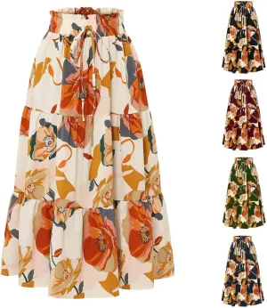 Women Maxi Skirt Floral Tiered Pleated Skirt Flowy Swing High Waisted Go Outing Clothes