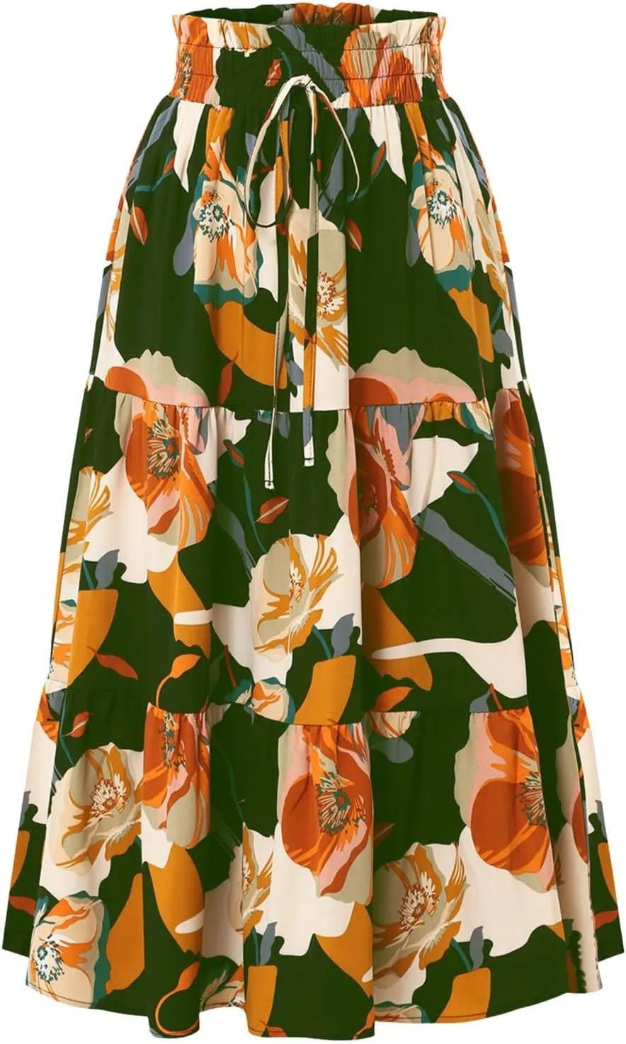 Women Maxi Skirt Floral Tiered Pleated Skirt Flowy Swing High Waisted Go Outing Clothes