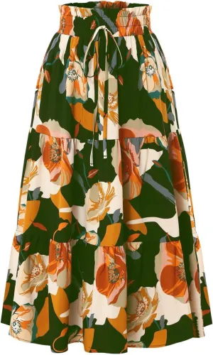 Women Maxi Skirt Floral Tiered Pleated Skirt Flowy Swing High Waisted Go Outing Clothes