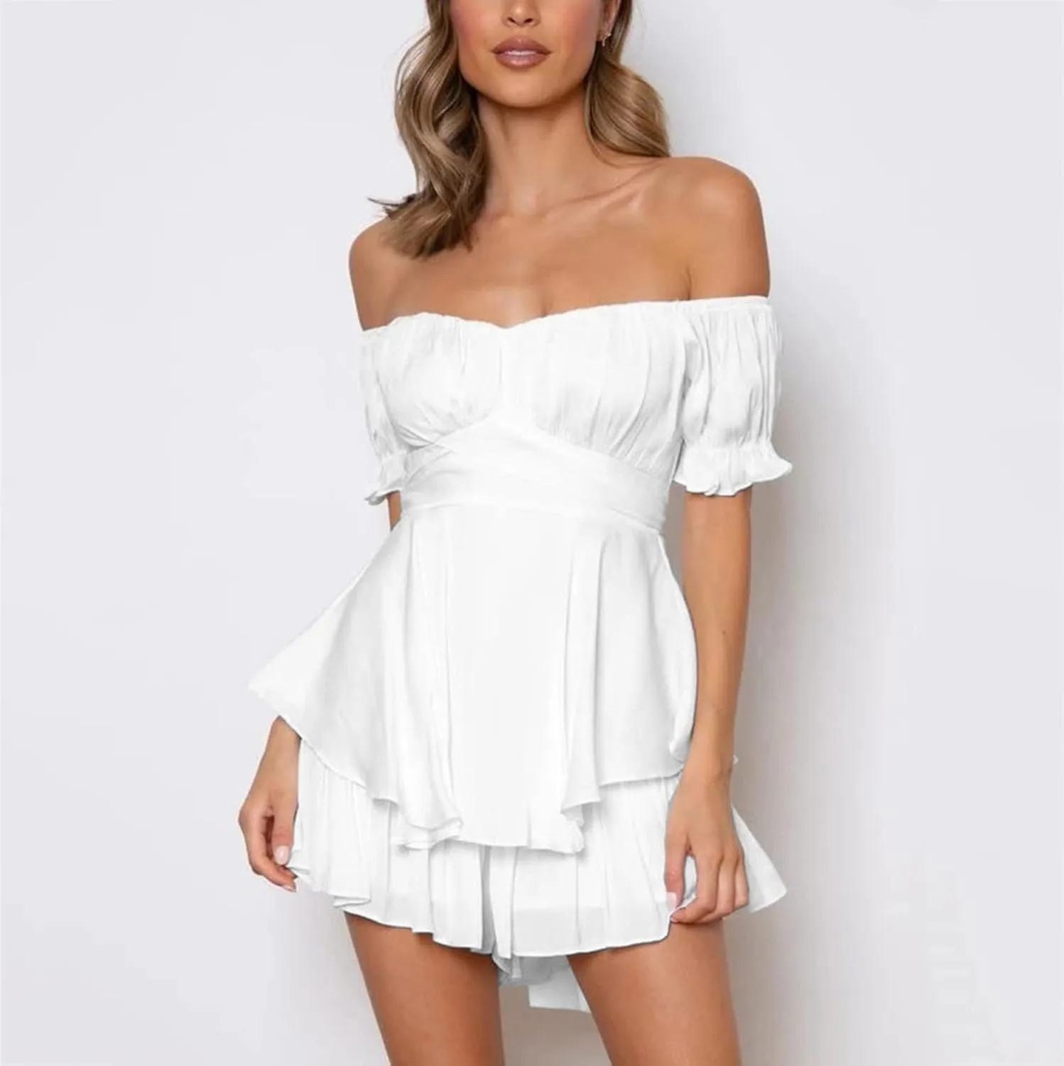 Women Off The Shoulder Summer Dresses 2024 Short Lantern Sleeve Ruffle Elastic Waist A-Line Casual Mini Dress Cocktail Dress